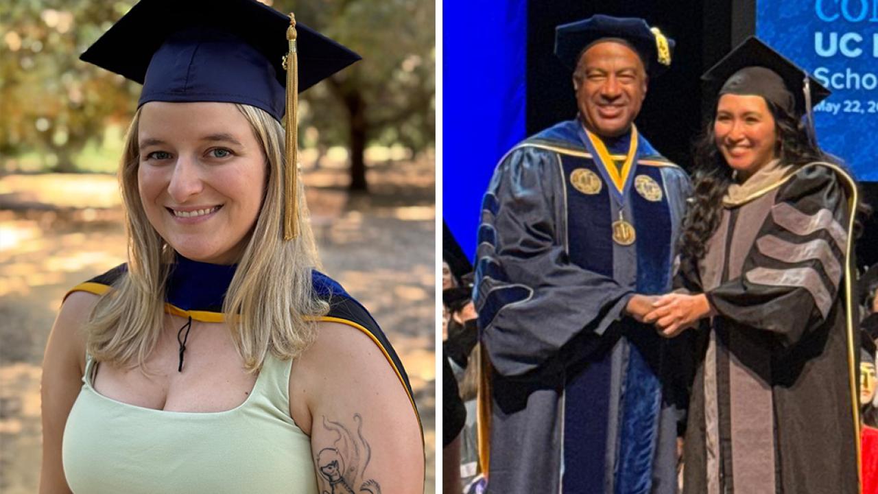 Smiling young woman in graduation cap outdoors; same woman receiving diploma from dean on stage
