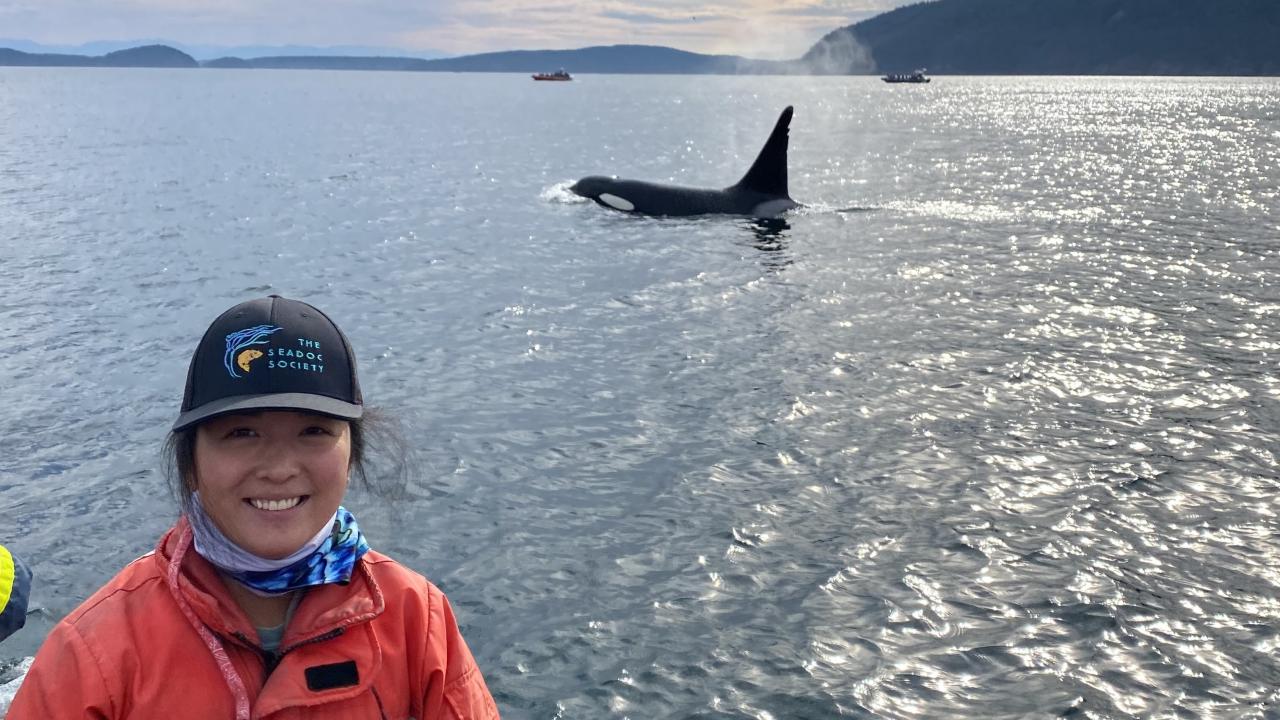 Catherine Lo with southern resident killer whale in the background