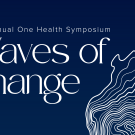 Waves of Change symposium graphic on dark blue background with white contour wave lines