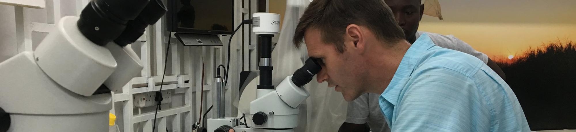 Brian Bird looking through a microscope